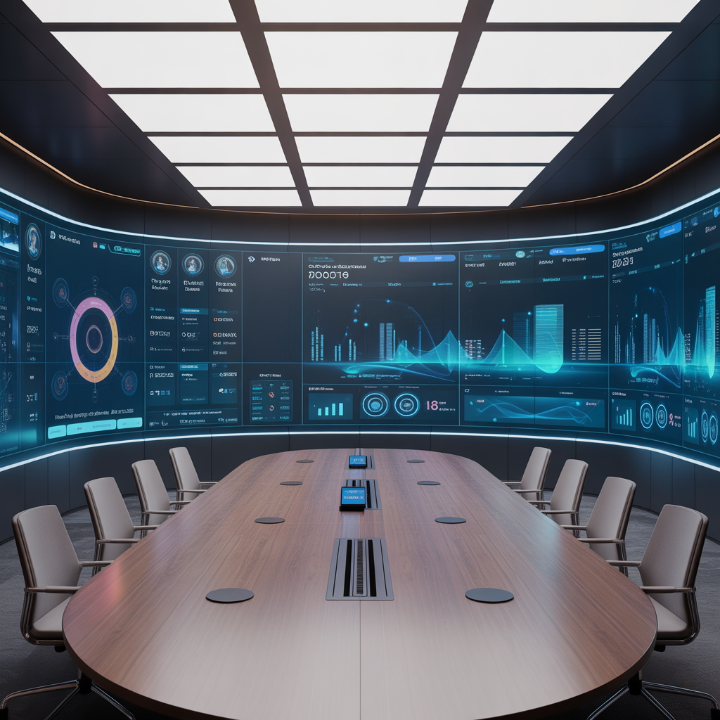 High-tech smart conference room with large interactive digital wall display showing project timelines and analytics, sleek oval table with wireless charging pads, ambient ceiling lighting, minimalist futuristic architecture, no people, professional photography ultra-realistic